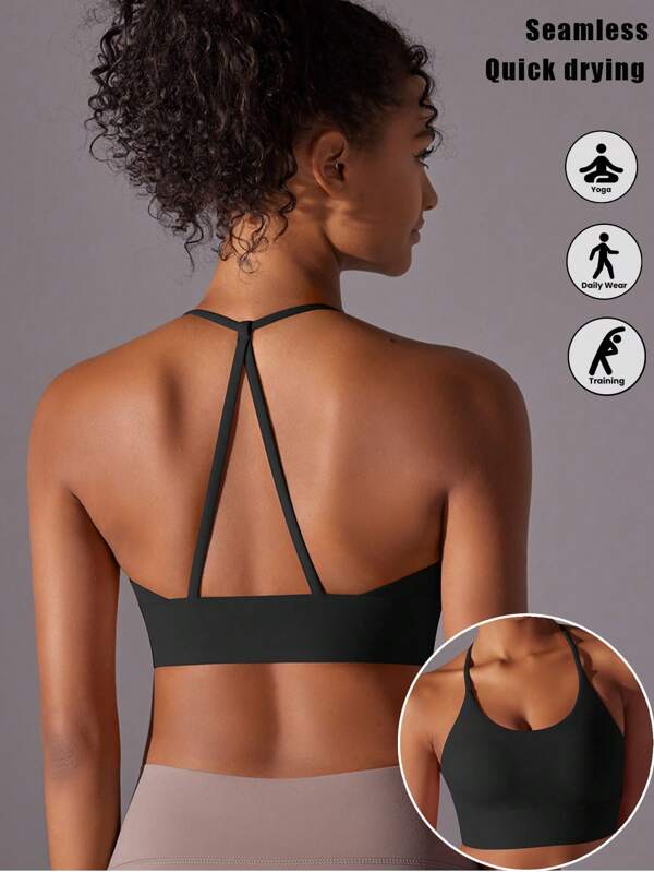Sutien de yoga cu efect de lenjerie intimă pentru femei, culoare nud, maieu sport triunghiular cu spate raser, sutien sport push-up fără fereastră, top scurt de yoga