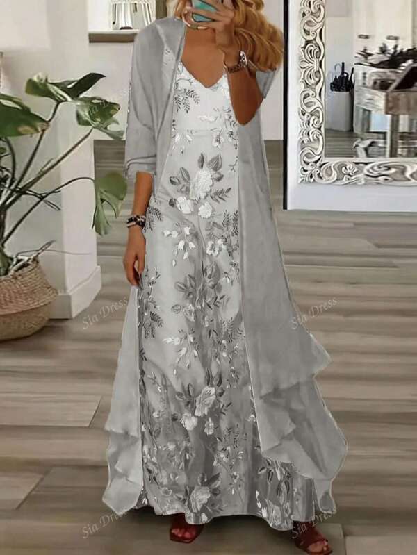 Plus Size Floral Printed Sleeveless Dress And Long Cardigan Set, Elegant & Suitable For All Seasons