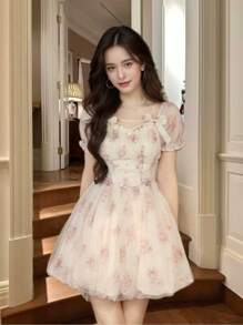 夏秋女士花卉印花网眼连衣裙甜美泡泡袖返校花蕾连衣裙生日派对音乐会服装女士返校节迷你连衣裙 - 查看 7