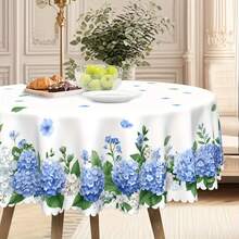 1pc Hydrangea Floral Round Tablecloth - Polyester Material, Watercolor Blue Floral Design, Suitable For Spring/Summer Picnic, Dinner Party And June Celebration Decoration, Standard Size (55"X70", 60"X60", 60"X86"), Outdoor Tablecloth, Picnic Table Cover, Elegant Dining Table Decor, Polyester Fabric, Easy Care Material, Home Decoration, Event Styling