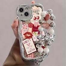 Electroplated Cream Wave Phone Case With Pearl Hanging Chain, All Inclusive Anti Drop And Shockproof Phone Protective Case, Fashionable Phone Accessories Compatible With IPHONE 11 12 13 14 15 16 Pro Max Pro Plus Series - Fashionable And Creative Design New Phone Case - Multicolor 1 - View 2