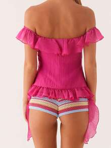 Women Off Shoulder Tops Ruffle Trim Solid Color Backless Showing Navel Shirts Summer Streetwear - Pink - View 6