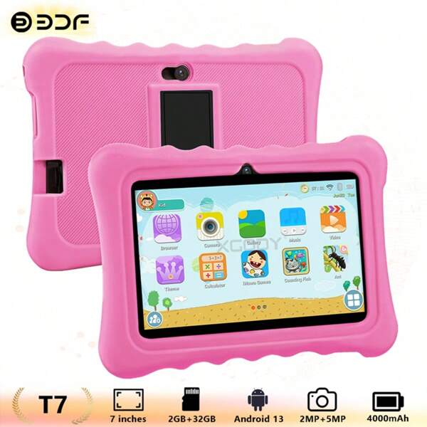 2GB RAM+32GB ROM/7-Inch Tablet/4-Core 1.3GHz/Android 13 MTK8321/1280x800 IPS High-Definition Resolution IPS Screen/2MP+5MP Camera/4000mAh Large Battery/Supports WiFi Games/Uses ABS Plastic+Silicone BDF T7 Tablet (Including: Packaging Box/Data Cable/Manual/OTG/Card Needle)