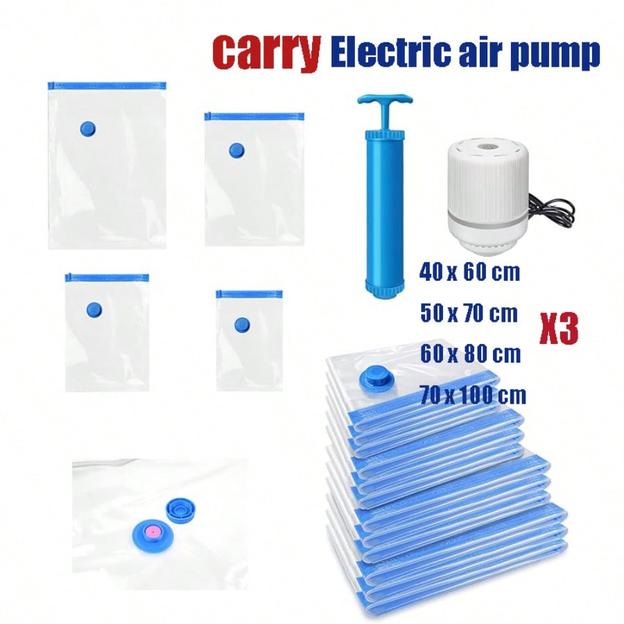 Vacuum Bags,12 Pieces Reusable Vacuum Storage Bag Set, Send Electric Air Pump + Hand Pump For Easy Evacuation, Travel Compression Bag, Clothes Storage Bag, Available Jackets, Shirts, Cotton Clothes, Bedding, Etc. Save Space