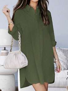 Women's Solid Color Single-Breasted Casual Loose High-Low Hem Pocket Commuter Versatile Shirt Dress Spring - Army Green - View 3