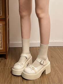 女士坡跟玛丽珍鞋，复古时尚系带蝴蝶结休闲厚底高跟鞋