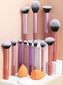 15 Peças Conjunto de Pincéis de Maquiagem, incluindo 12 Pincéis de Maquiagem, Pincel de Pó, Pincel de Blush, Pincel Marcador, Pincel de Sombra, Pincel de Cílios, Pincel de Delineador, Esponja de Maquiagem Angulada, Esponja de Maquiagem Redonda, Borla de Pó Redonda, Borla de Pó Triangular, Esponja de Maquiagem Triangular para Pó Solto, Blender de Líquido Fundação, Ferramentas de Maquiagem de Beleza
