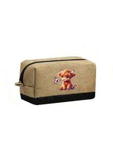 可爱的高地牛主题手提包套装，包括一个手提包和一个黑色零钱包，蝴蝶结豹纹设计高地牛图案，大容量手提包、单肩包、亚麻购物袋、沙滩包；化妆包、指甲油收纳袋