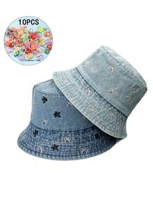 2 件套：1 顶蝴蝶结和星星刺绣渔夫帽 + 10 个随机发圈，全新青年时尚可调节透气旅行必备品，完美的节日礼物 - A - 查看 6