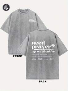 230G Double-Sided Washed T-Shirt, Requiring Prayer To Lightly Tap My Shoulder. Water Washed Printed T-Shirt 230G High-Quality Wax Printed Cotton Retro Fashion Brand T-Shirt With A Certain Thickness Suitable For Summer T-Shirts And Holiday Gifts. - 灰色 - 查看 1
