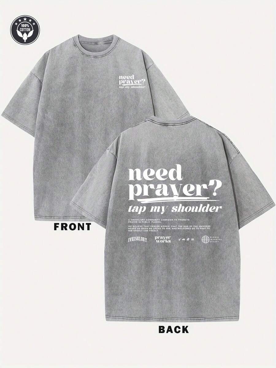 230G Double-Sided Washed T-Shirt, Requiring Prayer To Lightly Tap My Shoulder. Water Washed Printed T-Shirt 230G High-Quality Wax Printed Cotton Retro Fashion Brand T-Shirt With A Certain Thickness Suitable For Summer T-Shirts And Holiday Gifts. - 灰色 - 查看 1