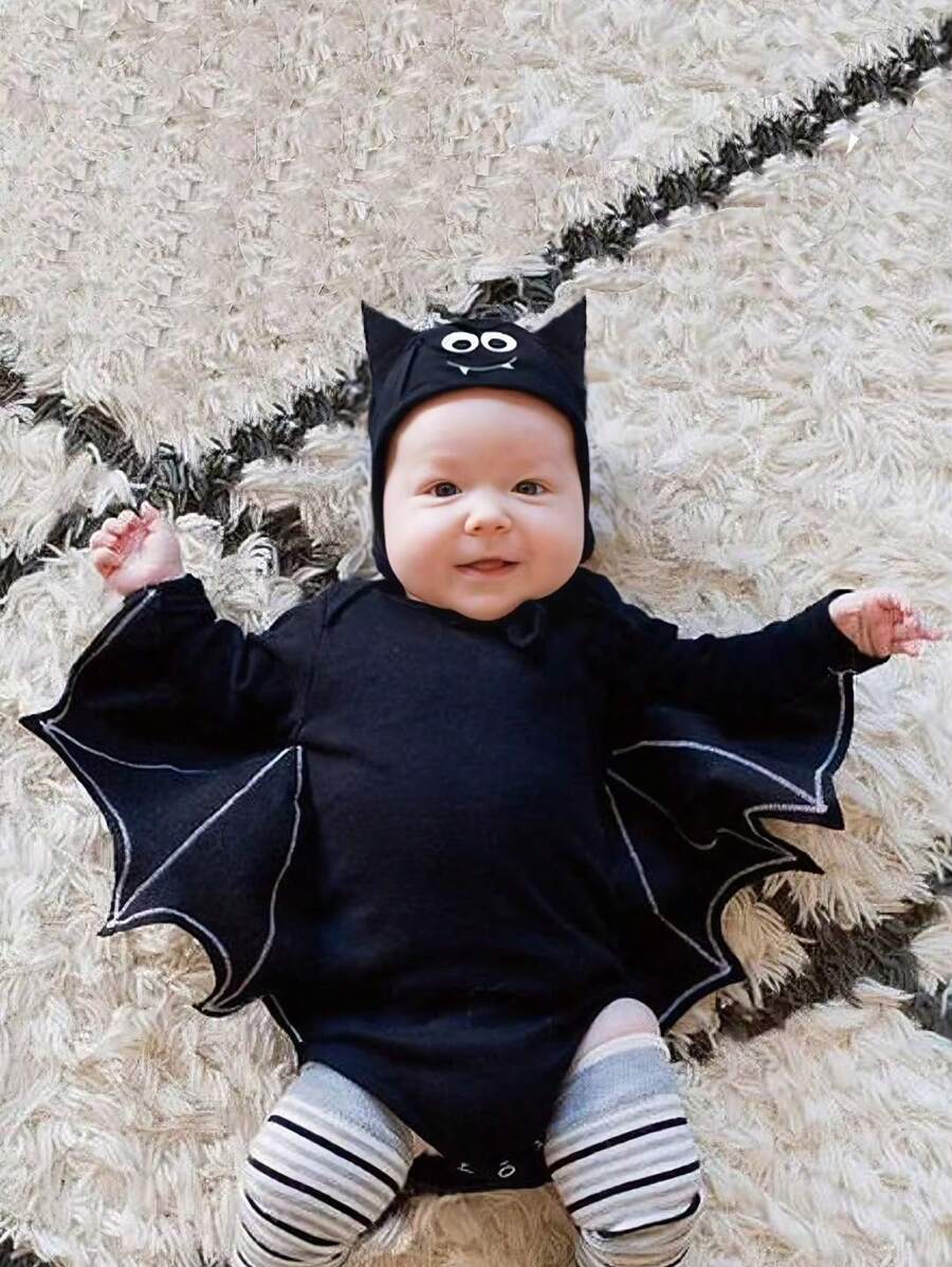 2pcs/Set Halloween Baby Costume, Black Bat Long Sleeve Romper And Bat Hat