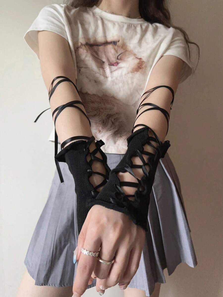 1 双女士个性化破洞露指保暖袖套，深色性感狂欢派对万圣节泫雅风格，适合日常穿着 - 黑色 - 查看 1