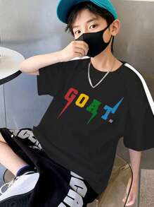 1 pieza Camiseta de manga corta con estampado y contraste de rayas para adolescentes varones, para uso casual al aire libre en primavera/verano/otoño