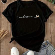 Heart & Love Print Crew Neck T-Shirt, Casual Short Sleeve T-Shirt For Spring & Summer, Women's Clothing - 黑色 - 查看 1