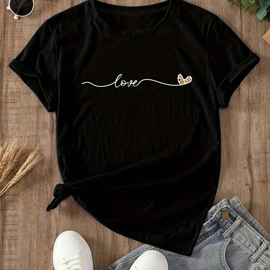 Heart & Love Print Crew Neck T-Shirt, Casual Short Sleeve T-Shirt For Spring & Summer, Women's Clothing - 黑色 - 查看 1