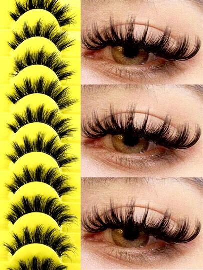 10 Pairs Fluffy 3D Multi-Layer DD Curl Dramatic Russian False Eyelashes Thick & Voluminous Whole Lash Strip Transparent Band