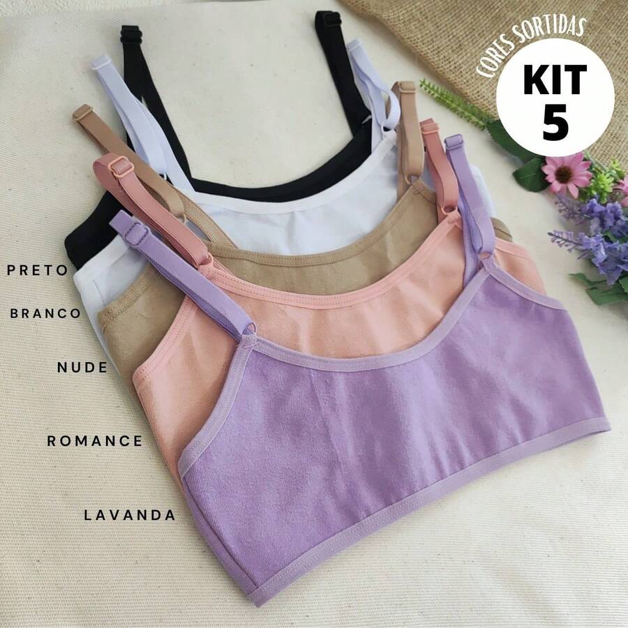 Kit With 5 Children's Bras For Youth Without Padded Cotton Cotton Comfort Maya Basic Plain Adjustable Straps - 彩色 - 查看 1