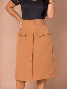 Women's Elegant Tailored Midi Skirt With Belt And Pocket Evangelical Fashion - 卡其色 - 查看 4