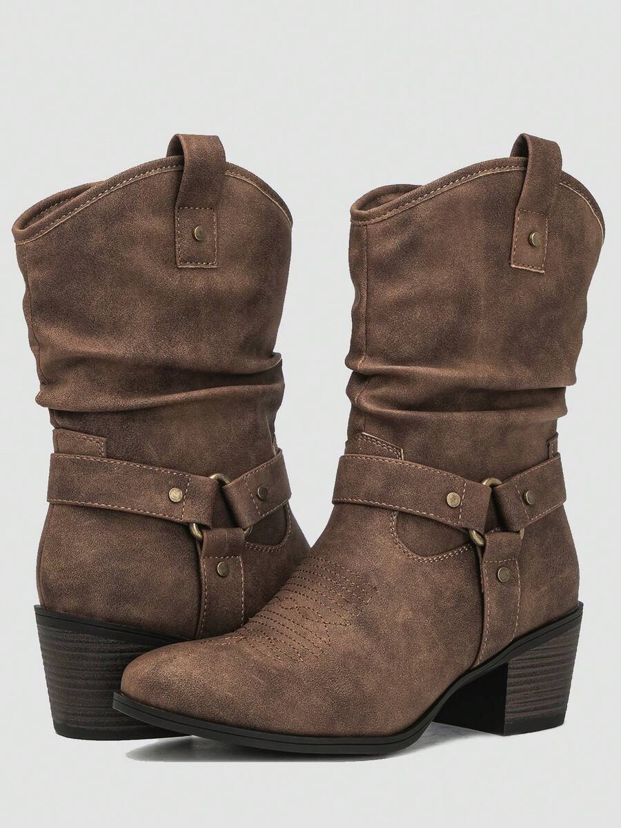 GLOBALWIN Women's Mid Calf The Western Cowgirl Boots Fashion Cowboy Boots For Women Chunky Low Heel Fall Boots Halloween Season - 19yy17 駱駝2 - 查看 1