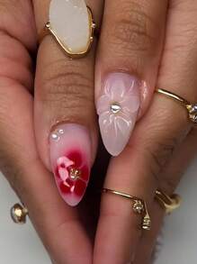 24pcs/Set Almond Shaped French Manicure 3D Floral Water-Drop Gradient Elegant Reusable Press-On Nails With 1pc Jelly Gel And 1pc Nail File, Adding A Romantic Touch For Daily Wear And Dates