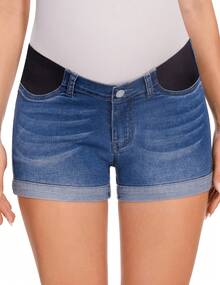 Fitglam Women's Maternity Jean Shorts Under Belly Maternity Lounge Denim Shorts Pregnancy Comfy Clothes With Elastic Panel - 深藍色 - 查看 2