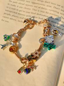 1pc Travel Souvenir Charm Bracelet, Fashion Map & Star Bracelet, Retro Statue Of Liberty Bracelet, Classic Lock Ladies Bracelet