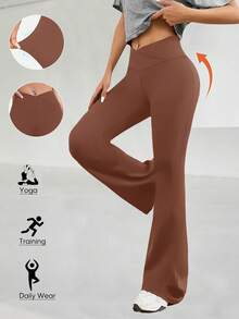 Quần ống loe nữ, Quần tập yoga polyester co giãn cạp cao, Quần ống rộng cạp chéo cổ điển, Quần legging tập luyện bó màu trơn phù hợp với mọi mùa, Quần ống loe ôm vừa vặn thường ngày có cạp chun - màu nâu - Xem 2