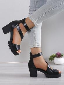 Women's Peep Toe Hollow Out Block Heel Fashion Party Formal High Heeled Sandals With Zipper - Black - View 2