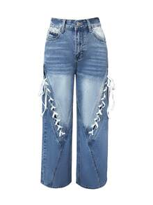 Women's Washed Denim Straight Leg Jeans With Tie Detail, Autumn - Medium Wash - View 7