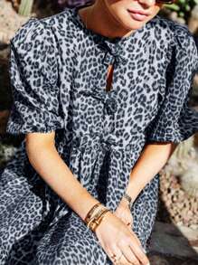 Women Elegant Leopard Print Round Neck Tie Front Short Sleeve Mini Dress