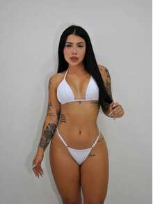 Women's Ribbon Bikini Bronze Adjustment Summer Carnival Beachwear Set - White - View 3