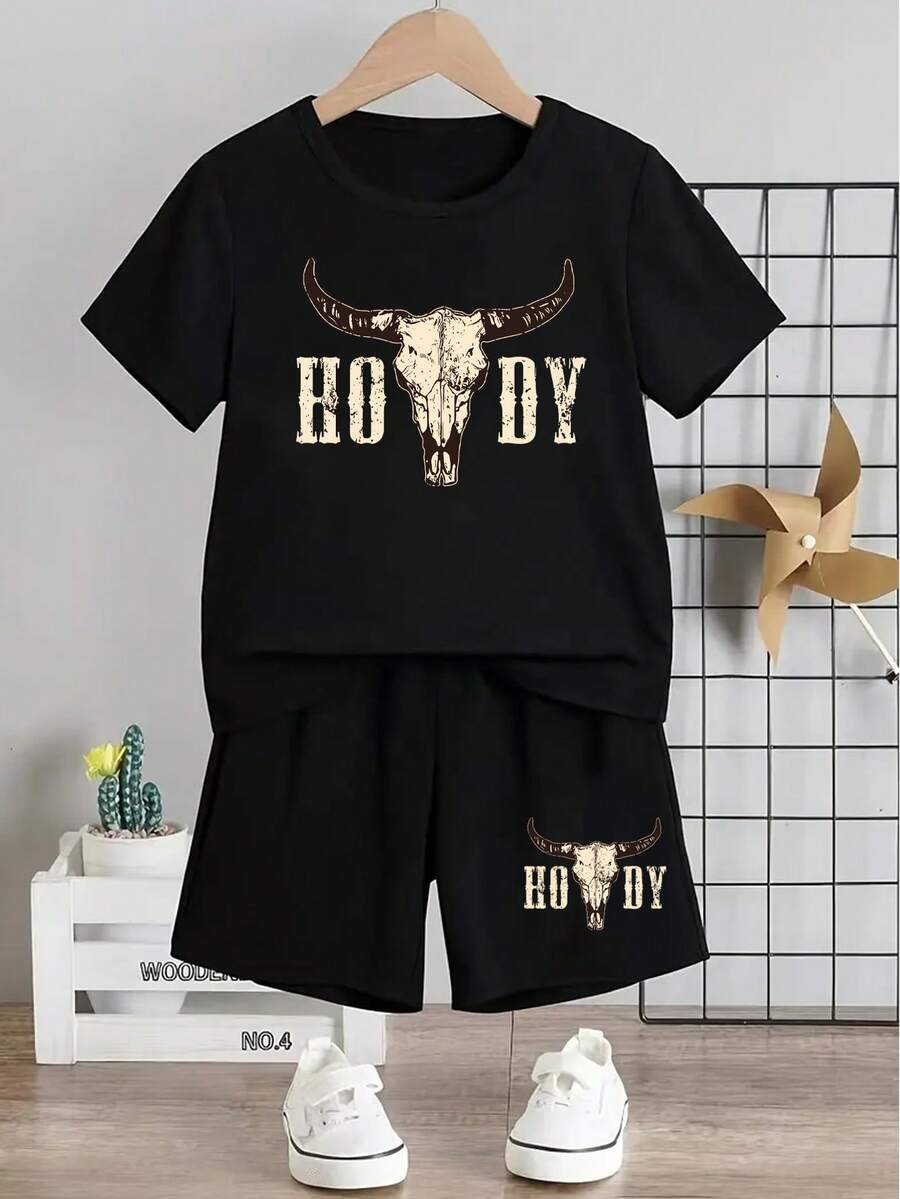 Conjunto de camiseta de manga corta y pantalón corto para niños con estampado de letras de cabeza de vaca. - Negro - Ver 1