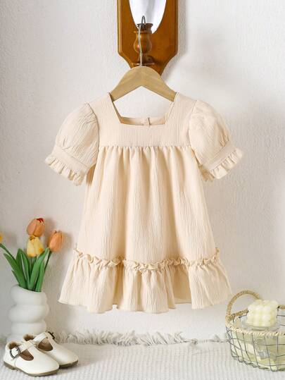 Baby Mädchen Sommer Mode süßes einfarbiges Kleid mit Rüschensaum, Rüschenärmeln und Knöpfen am Rücken, aus weichem, bequemem Gewebe, passend für Urlaubsstil Partys, Outdoor-Aktivitäten und den täglichen Gebrauch