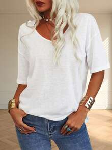 Women Loose V-Neck T-Shirt Half Sleeve Casual Loose Solid Color Basic Top For Casual Daily/ Travel/ Home/ Vacation/ Shopping/ Street/ Party/ Outdoor/ Club Christmas Gift & New Year Gift - trắng - Xem 1