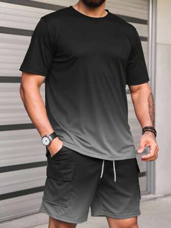 2 件套休闲渐变色抽绳口袋运动户外健身通勤 T 恤套装男士修身款式适合夏季