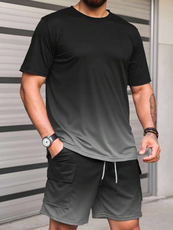 2pcs/Set Casual Gradient Color Drawstring Pocket Sport Outdoor Fitness Commuter T-Shirt Suit For Men, Fitted Style, Suitable For Summer