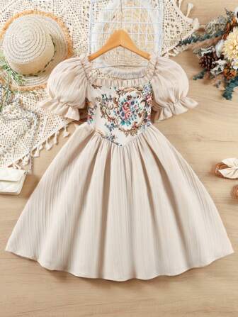 Young Girl Casual Elegant Square Neck Puff Sleeve Rose Print Dress, Spring/Summer