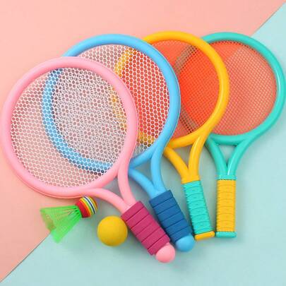 1 Set Of 2pcs Plastic Tennis Racket With 1 Tennis Ball & 1 Badminton Ball, Training Ball, Beach Tennis Racket Set, Assorted Colors, Suitable For Parents-Child Outdoor Sports, Leisure & Outdoor Activities