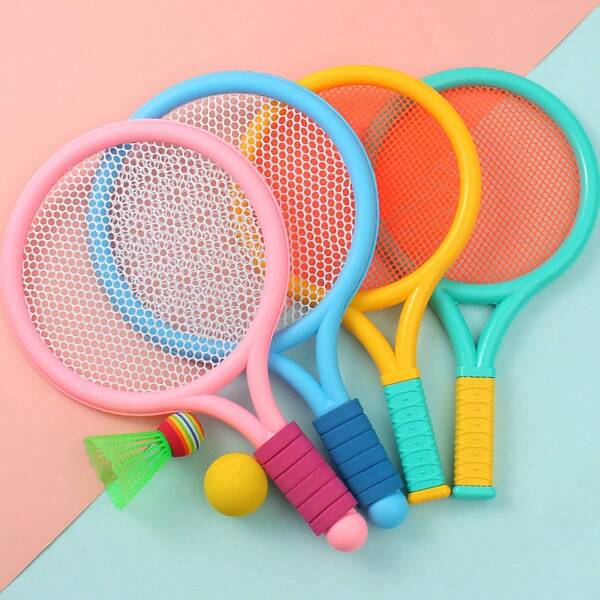 1 Set di 2 Racchette da tennis in plastica con 1 Pallina da tennis e 1 Pallina da badminton, palline da allenamento, set di racchette da beach tennis, colori assortiti, adatto per sport all'aperto, attività ricreative e all'aria aperta per genitori e figli