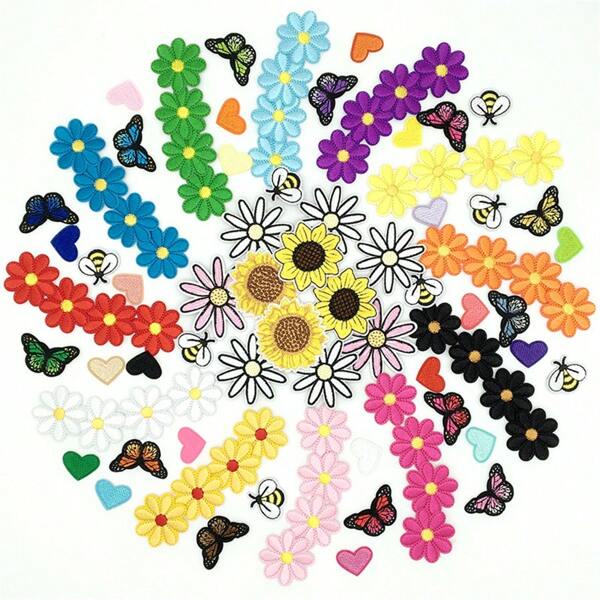 100pcs Assorted Embroidered Iron-On Patches - Butterfly & Daisy Designs For DIY Clothing, Bags, Hats, Jackets - Sewing Appliques In Various Colors