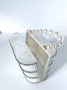 1pc Hollow-Out Rhinestone Decor Party Gala Metal Chain & Pearl Handbag For Women, Detachable