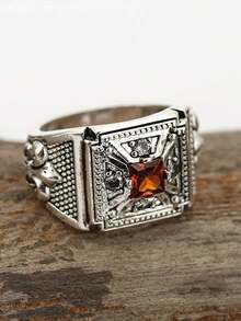 1 件复古绅士红色方形锆石戒指，商务/婚礼/订婚/派对珠宝礼物 - 銀色 - 查看 2