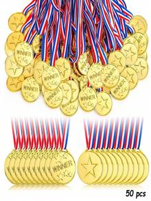 10/30/50枚金色塑料迷你奖牌，多件装派对礼品，适用于游戏和庆祝活动，可作礼篮填充物，是派对、游戏、体育赛事和才艺表演的理想之选，采用耐用PP材质，非常适合游戏、庆祝活动、体育比赛、才艺比赛、拼字比赛、生日派对、团体活动和节日聚会。 - 彩色 - 查看 12