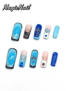 10 Pieces Of Pure Hand-Pressed Wearable Nail, Press On Nails,Nail Supplies,Nails Ptess On,Beach Essentials,33mm Long Nail Pieces, Blue Gradient, Pink And White Contrasting Color, Metal Cross Ornaments, Hand-Painted Gold Lines, Raised Lines Decoration