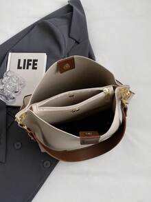 女士大容量托特包，时尚新款纯色高端休闲通勤斜挎单肩包 - 白色 - 查看 5