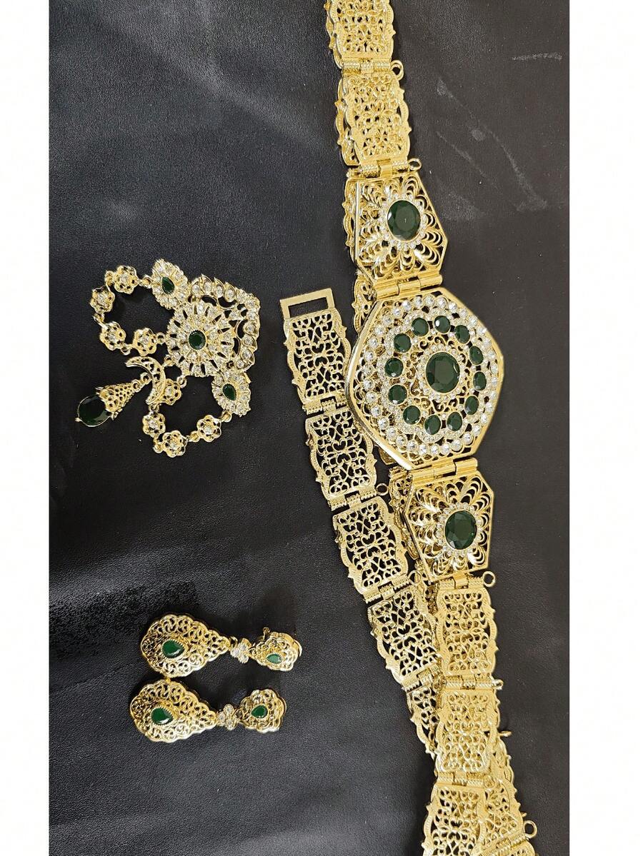 1 Set Gold-Plated Arabic Waist Belt, 1 Elegant Brooch, 1 Pair Retro Earrings, Algerian Wedding Jewelry Bridal Gift Valentine's Day Accessories - Green - View 1