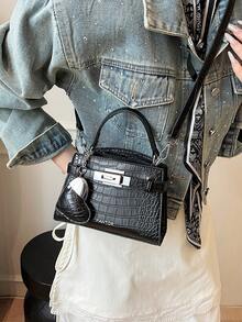 女士迷你鳄鱼纹手提包，新款时尚小方形单肩斜挎包 - 黑色 - 查看 2