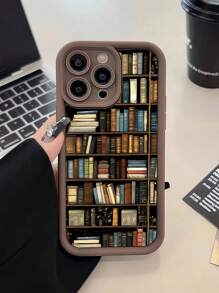 1pc Retro Bookshelf Pattern Full Coverage TPU Shockproof Phone Case, Compatible With IPhone 16, 15, 14, 13, 12, 11 Pro Max, Series Waterproof Anti-Fall Scratch Resistant