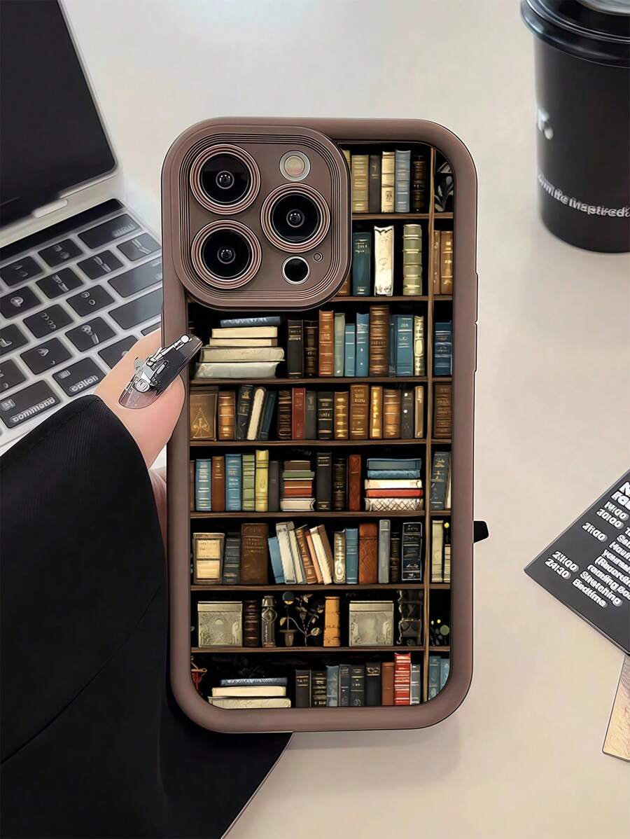 1pc Retro Bookshelf Pattern Full Coverage TPU Shockproof Phone Case, Compatible With IPhone 16, 15, 14, 13, 12, 11 Pro Max, Series Waterproof Anti-Fall Scratch Resistant